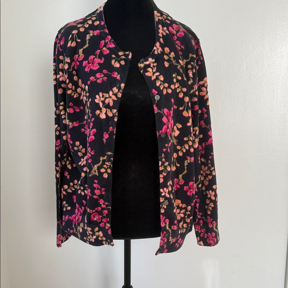 Lands' End Women's Black Cardigan with Pink and Orange Floral - Picture 7 of 9